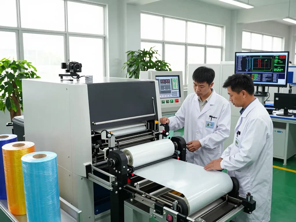 Engineers inspecting mb666 film packaging machines in a bright production facility.