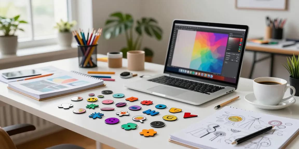 Colorful acrylic pins on a designer's table, showcasing creative designs and vibrant workspace.