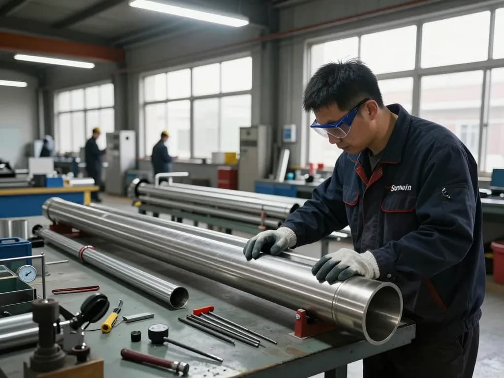 Technician inspecting Sumwin stainless steel pipes in a bright industrial workshop.