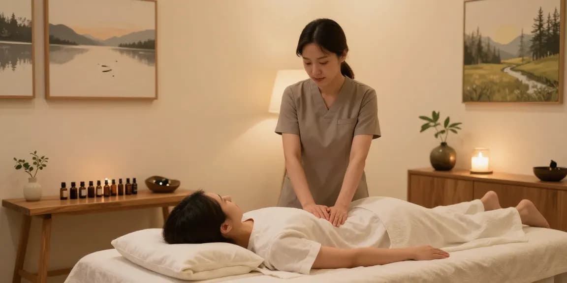 Relaxing 천호동출장마사지 therapy room with serene atmosphere and ambient lighting.
